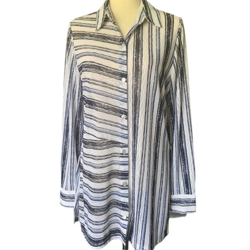 Chicos Sheer Striped Button Front Shirt Women 1 Coastal Chic Resortwear Vacation